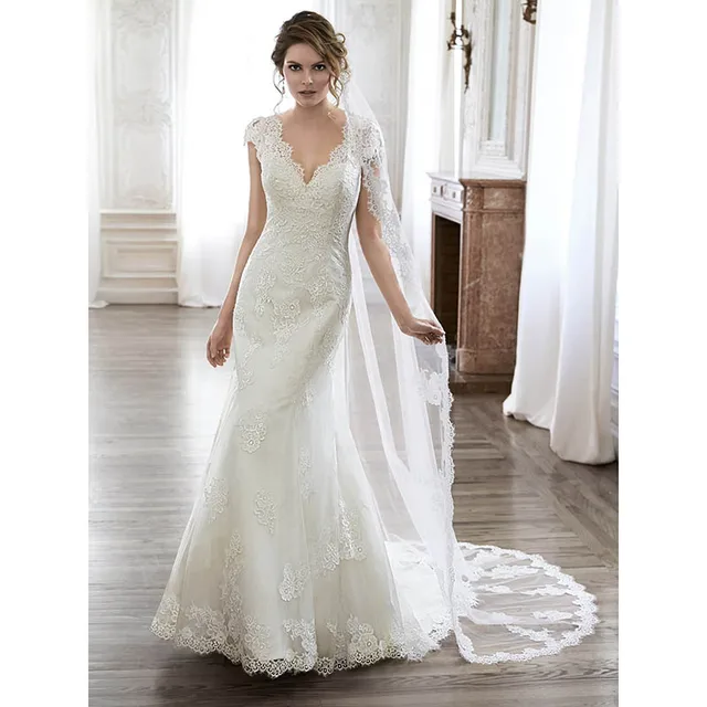 Mermaid Wedding Dress with Lace Cap Sleeves