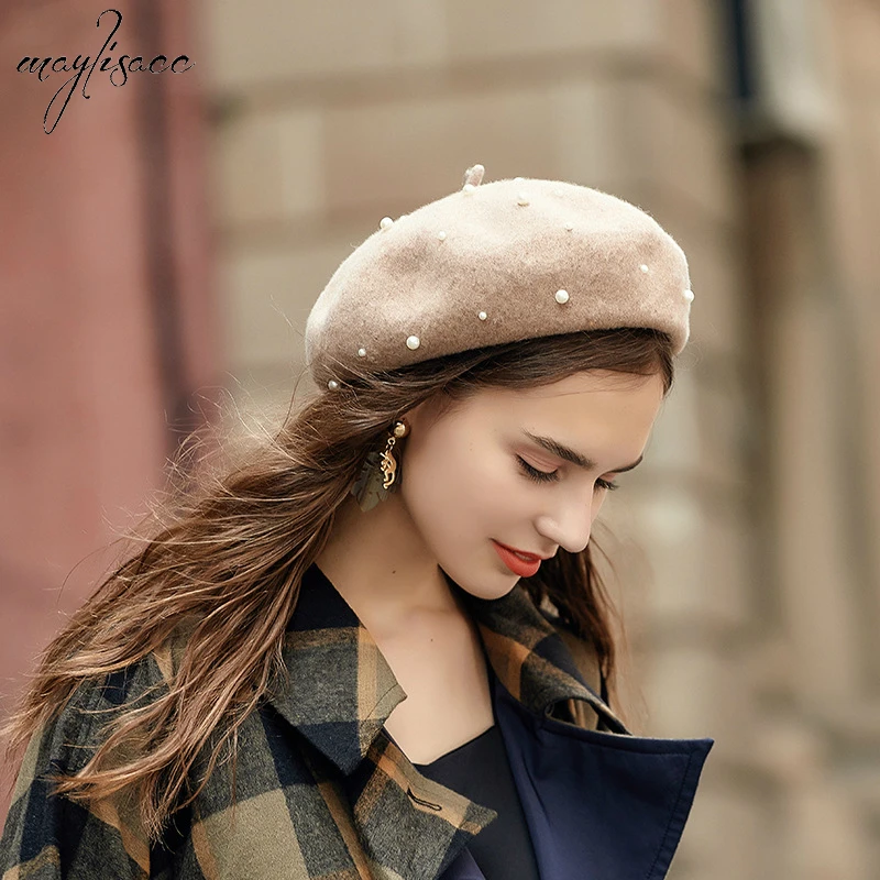 

Maylisacc 2019 Pearl Beret Female Spring Summer Candy Pumpkin Hat Warm Pearl Wool Felt Hat Sweet and Lovely Beret for Girl Women