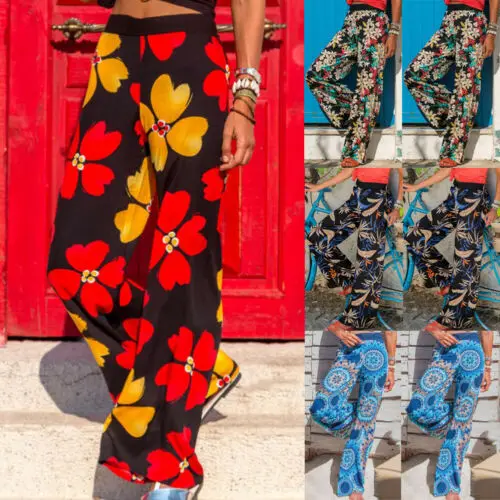 

Boho Women Floral Harem Pants Hippie Wide Leg Gypsy Palazzo Boho Gypsy Hippie Trouser BottomsBeach Pants Trousers