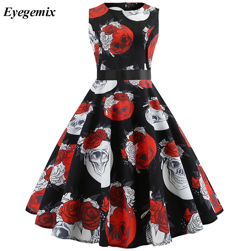 

2018 Summer Skull Roses Party Dress for Female Rockabilly Vintage Retro Hepburn 50's 60s Women's Dresses Clothes