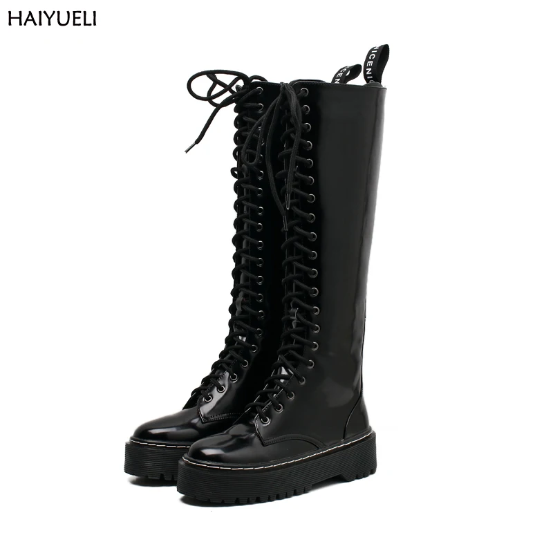 

Women Flat Boots Fashion Black Thigh High Boots Punk Lace Up Over The Knee Long Martin Boots Autumn Womens Motorcycle Boots
