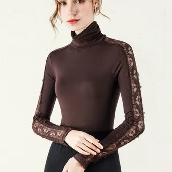 

2020 Autumn Long Sleeve High Collar Hollow Out Lace Spliced T-shirts Lady Sexy Hollow Out Pullovers Tops Women Winter T-shirts