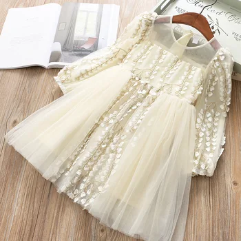 

Roimyal Wholesale Girls Spring 2019 new children's long-sleeve yarn dress flower princess toddler kids dresses free shipping