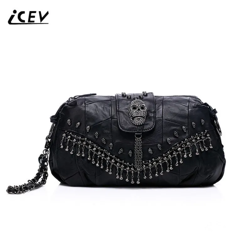 

ICEV New European Fashion Skull Genuine Leather Handbags Sheepskin Chains Bags Handbags Women Famous Brands Women Messenger Bags