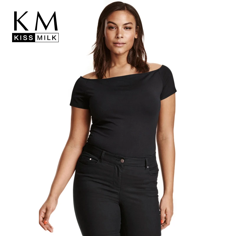 

Kissmilk Plus Size Fashion Women Clothing Casual Solid Sexy T-shirt Slash Neck Off Shoulder Short Sleeve Tops Big Size Tees
