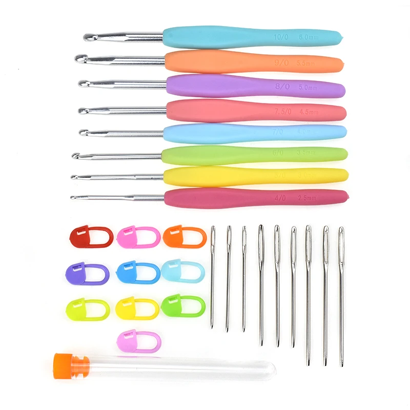 

KOKNIT 9PCS colorful Plastic and metal Crochet Hook Set size from 2.0 mm to 6.0 mm + 10 Colorful Locking Stitch Makers With Bag