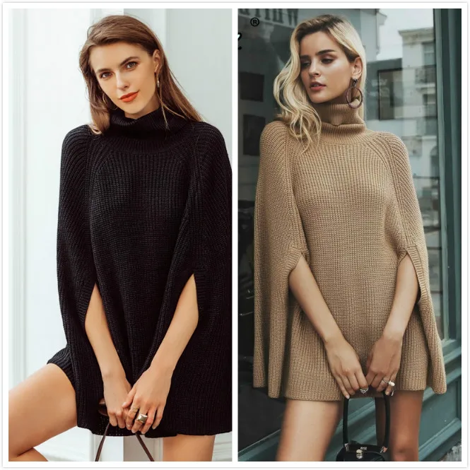 DUOUPA 2019 Knitted Turtleneck Cloak Sweater Women Camel Casual Pullover Autumn Winter Streetwear Women Sweaters and Pullovers