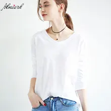 Осенне-зимняя модная однотонная женская хлопковая Футболка с v-образным вырезом и длинными рукавами, Свободная Женская хлопковая футболка, нижняя рубашка L226