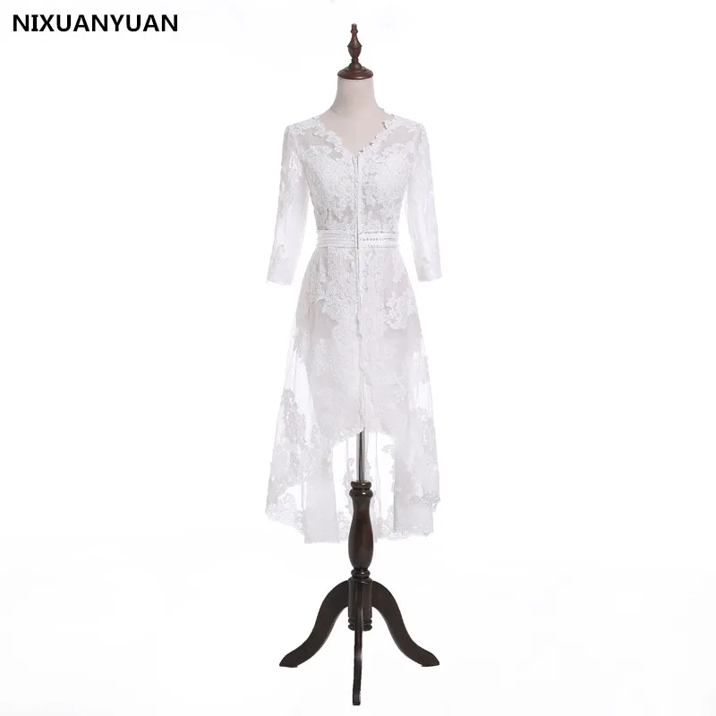 

Vestido De Noiva 2019 New Unique Pearl V neck White Tulle Short Front Long Back Wedding Dress Knee Length Bridal Gown