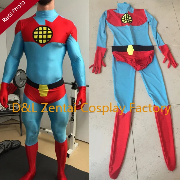 

Free Shipping DHL 2016 Super Hero Blue & Red Captain Planet Superhero Costume Lycra Spandex Zentai Suit For Halloween SH1432
