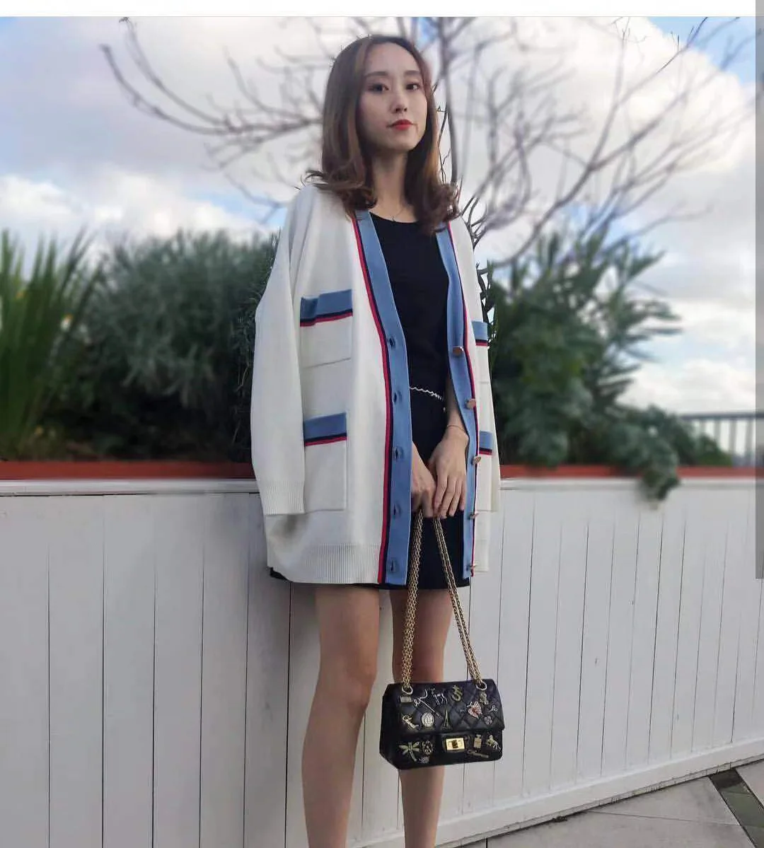 

2019 Spring and Summer Sweater Colouring College Wind V Collar Pocket Knitting Medium and Long Women's Wear Women Sweater
