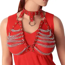 Сексуальный красный кожаный кроп Топ нательная обвязка нижнее белье Harajuku панк грудь металлическая цепь выдалбливают Бандаж Бюстгальтер для женщин вечерние Rave