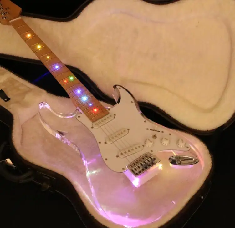 

Start Crystal Electric Guitar Acrylic Body Colorful LED Light Frets Light Free Shipping Tremolo Bridge With Bar