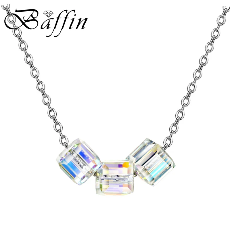 

BAFFIN Simple Cube Beads Chain Necklaces Square Pendant Crystals From SWAROVSKI Silver Color For Women Office Jewelry Gift 2018