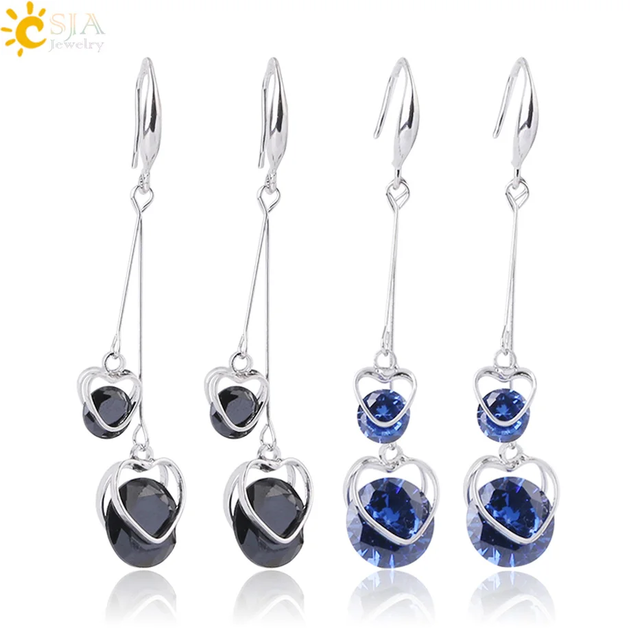 

CSJA Silver Color Long Dangle Earrings Crystal Love Heart Shiny CZ Drop Earring for Women Wedding Party Fashion Ear Jewelry G034