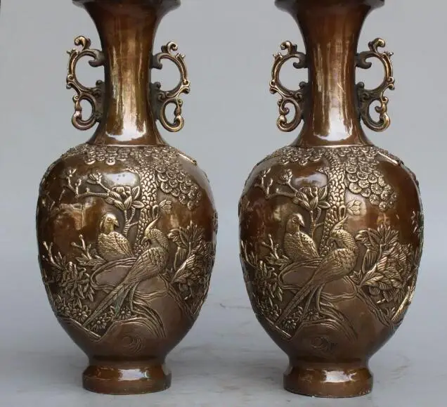 

S3206 13" Marked Chinese Bronze Bird Statue Flower plum blossom Flower Pot Vase Pair