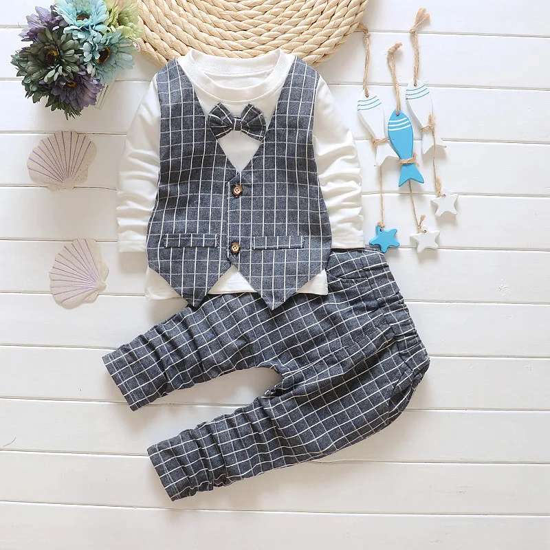 New Arrival Spring Autumn Baby Boy Clothes 2pcs Long Sleeves Patchwork Pullover Jackets+Plaid Pants Gentlemen Baby Boy Suits