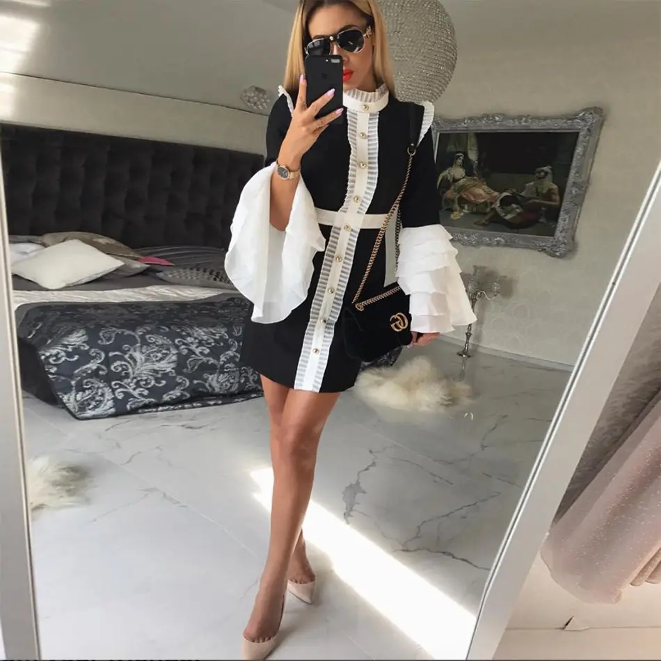 

Top Quality Black and White Bandage Dress Spring Butterfly Sleeve Women Dresses