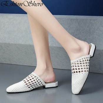

EshtonShero Woman Slippers Flat Heels Round Toe Slingback Sheepskin Knitting White Summer Ladies Wedding Shoes Woman Size 3-12