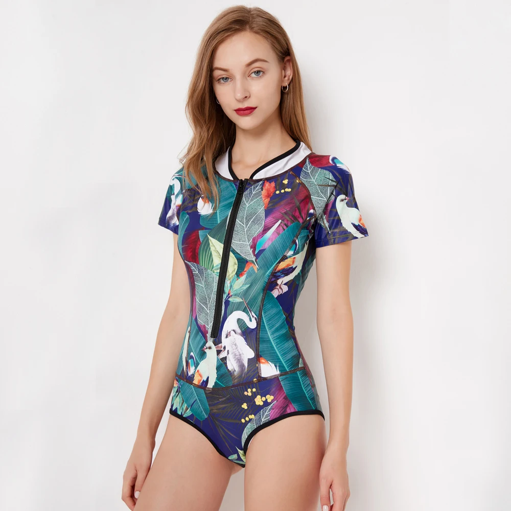 

Sexy Women's One-piece Swimsuit Padded Print Sexy Short-sleeved Surf Suit Female Bikini Set