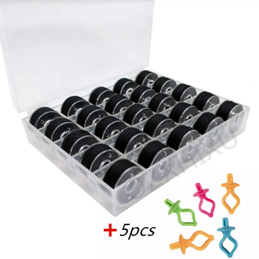 

25PC Sewing Bobbins black Polyester Sewing Thread Transparent Plastic Bobbin Holder Home Sewing Machine Accessories Set 5BB5754