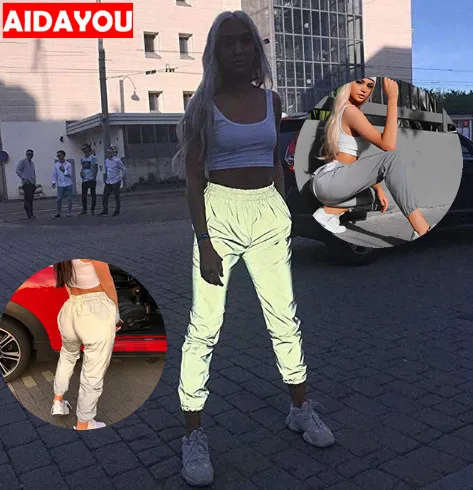 

Womens Reflective Jogger Pants Bright Hip Hop Dance High Visibility Night Silver for Safety Cycling Jogging Trousers ouc487