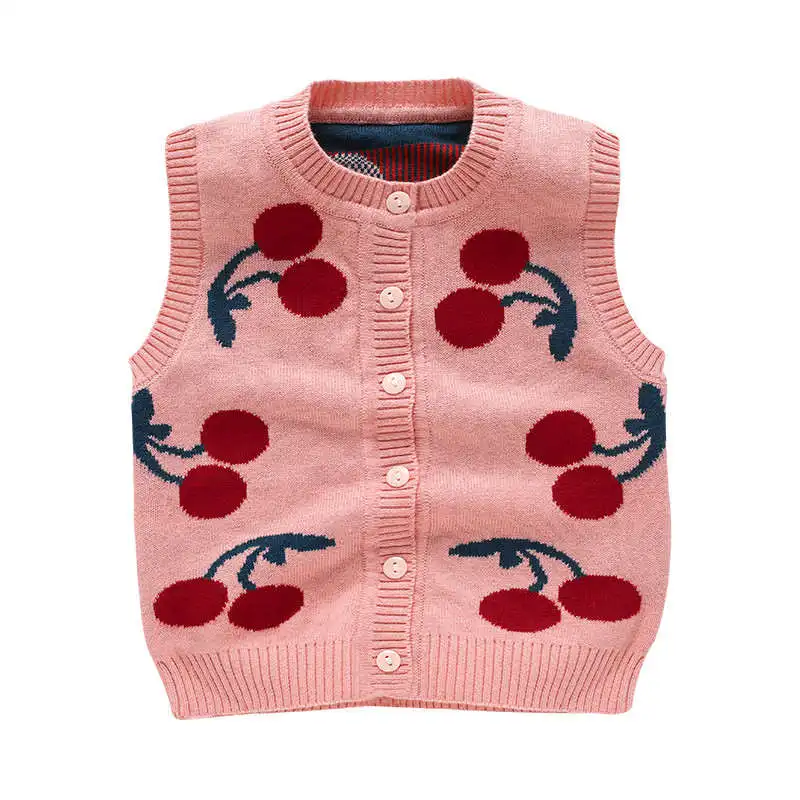 Cherry Baby Sweater Vest Toddler Kids Boys Girls Crochet Tops Cotton Soft Comfortable O-Neck Button Closure for Spring Autumn