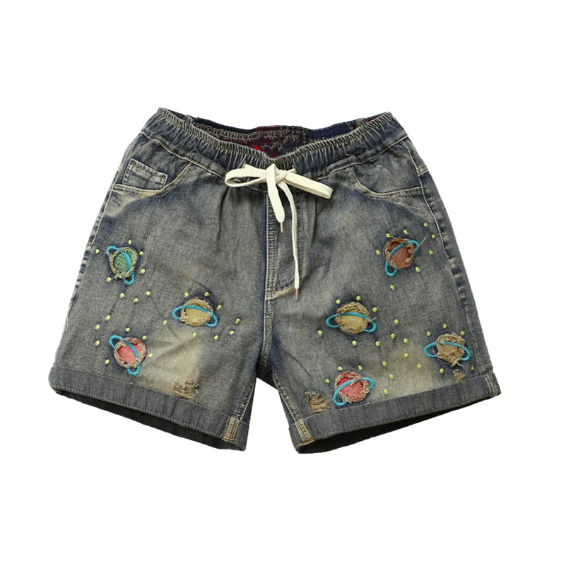 QPFJQD ретро летние джинсовые шорты с эластичным поясом и дырками, повседневные джинсы с вышивкой в национальном стиле, короткие женские прямые штаны в стиле пэчворк - Цвет: Star