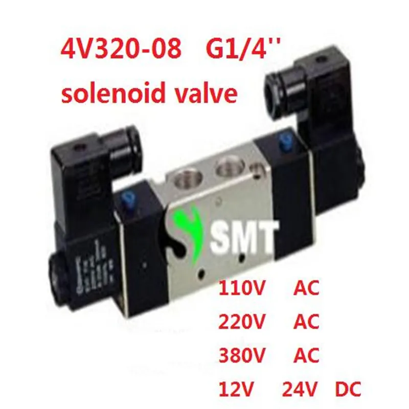 

Free shipping air solenoid valve 4V320-08 Double coil Port 1/4" BSP 24V DC 5/2 way control valve with Plug type red LED light