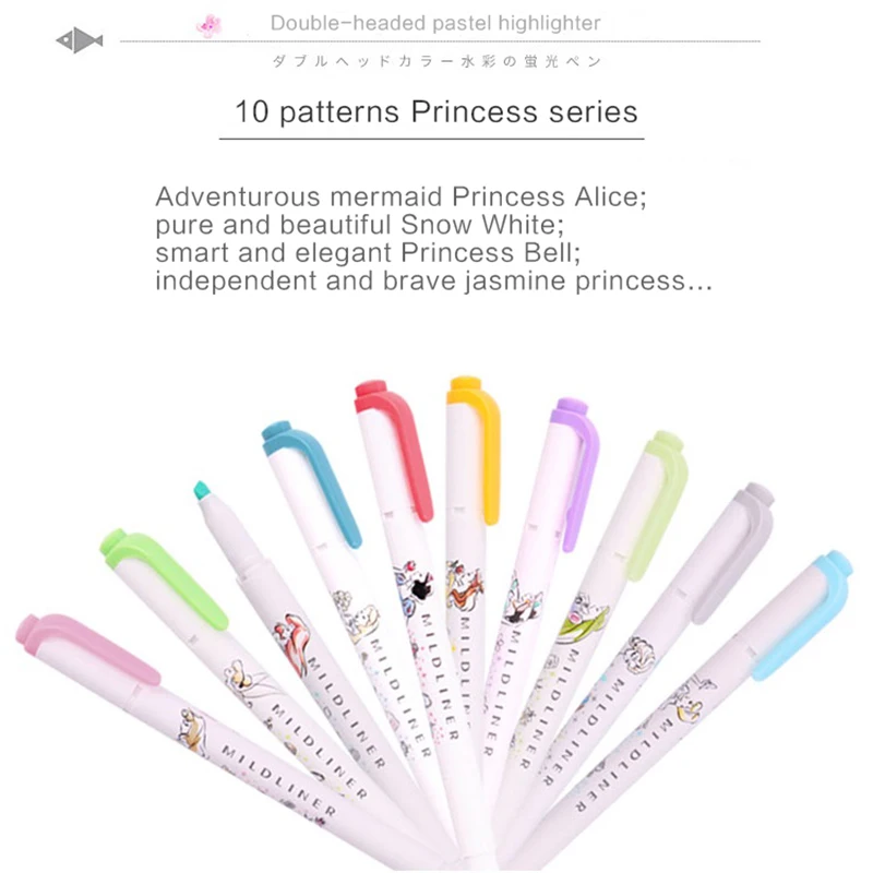

10pcs/set Zebra princess fluorescent Highlighter pen WKT12 Mild liner Princess Double Head journal color Mark pen Kawaii