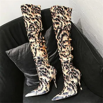 

Leopard Over Knee High Women Boots Stretch Sexy high Heels Shoes Woman Ponited Toe Knight Runway Thigh High Motorcycle Boots