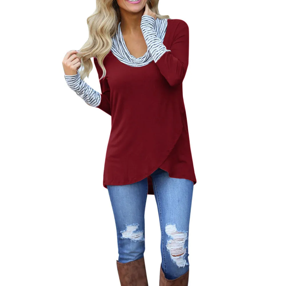 Зимняя женская футболка с круглым вырезом, в полоску, с длинным рукавом, для девочек, толстовка, топы, женские блузы, рубашка, Повседневная, в полоску, хлопковая Смешанная рубашка - Цвет: Wine