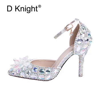 

New Crystal Women Wedding Shoes Sweet Rhinestone Bride Shoes Strap Princess Water Drill Dress Lolita Shoes High Small Heel Pumps