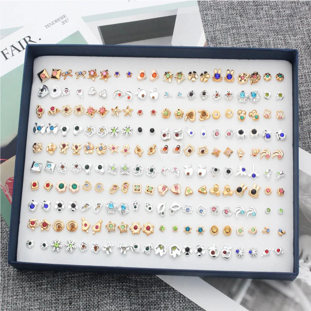 100 Pairs Wholesale Lots Simple Resin Stud Earrings Set Fashion Cute Crystal Rhinestone Ear Studs with Storage Box