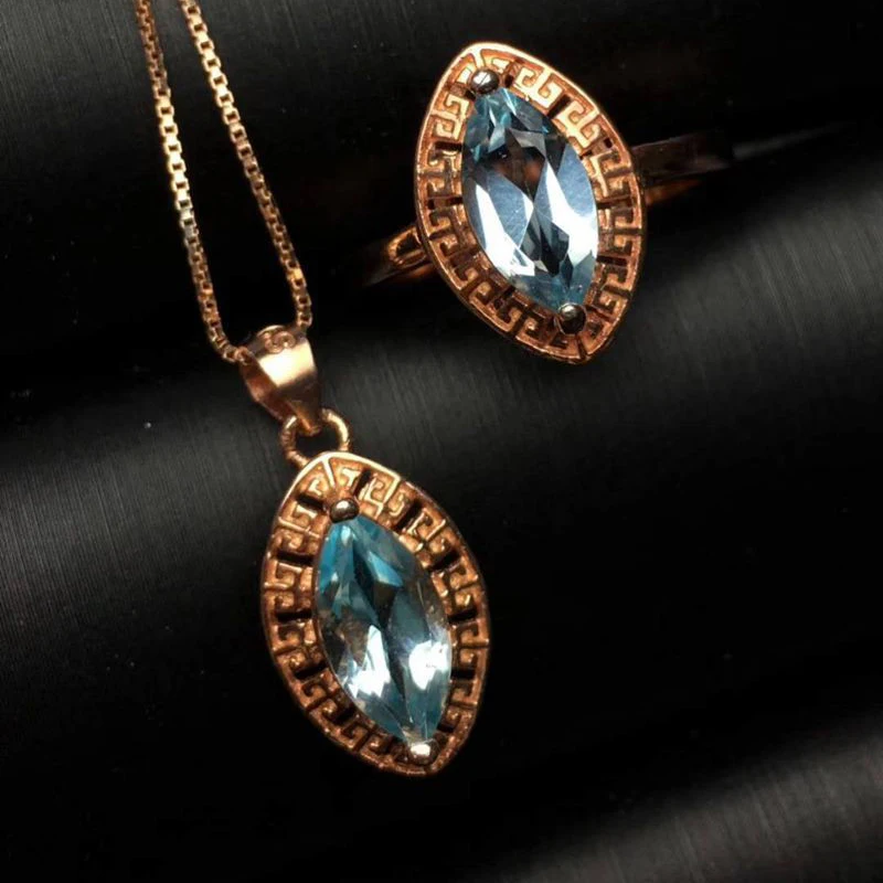

18K Golod-plated 925 Sterling Silver Olive Topaz Pendent Necklace, Ring, Jewelry Set Natural Gemstone 5 x 10 mm