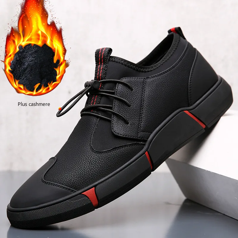 

JINBEILEE High Quality All Black Men's Leather Casual Shoes Fashion Skateboard Sneakers Fashion Flats Anti-Slippery Thermal