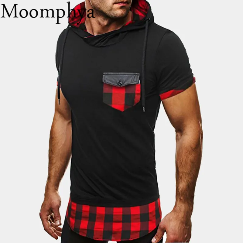Download Moomphya Men hooded t shirt plaid patchwork pocket t shirt ...