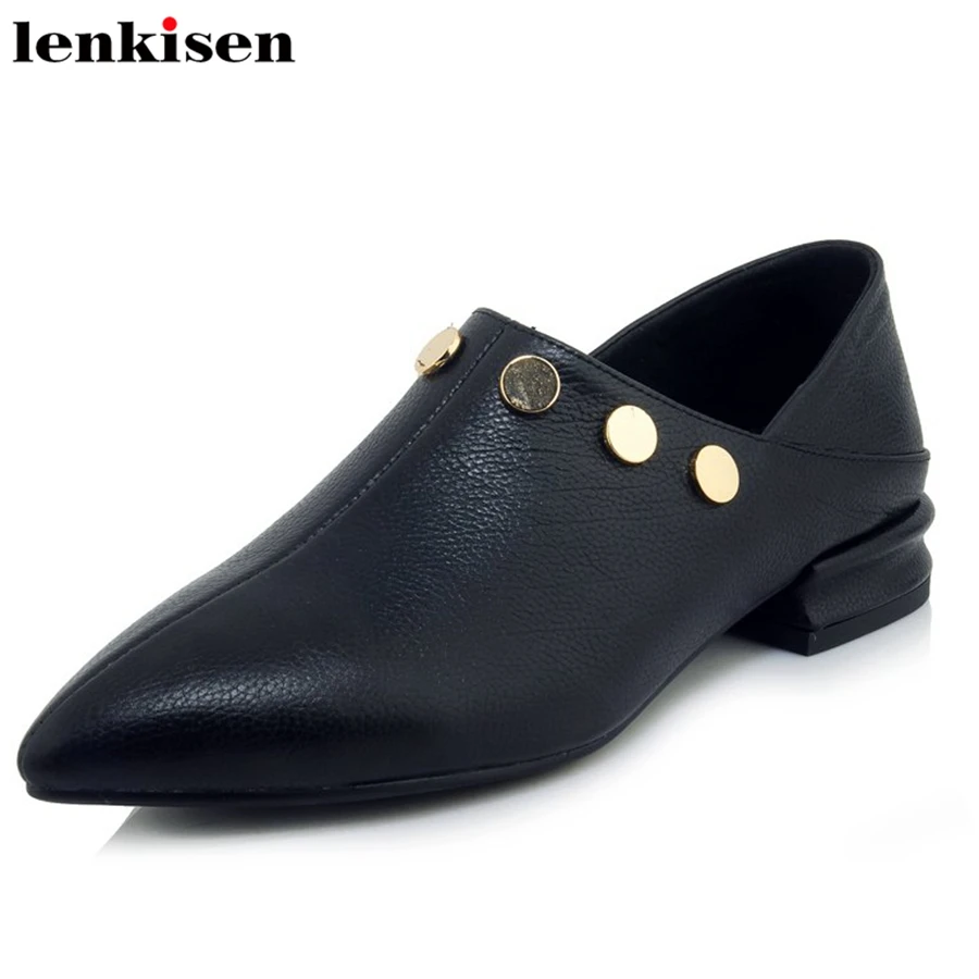 

Lenkisen handmade cow leather pointed toe slip on summer brand concise shoe solid neutral rivet low heel leiaure women pumps L06