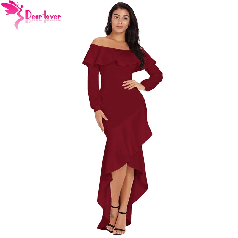 

Dear Lover Off Shoulder Autumn Burgundy Lantern Sleeve Asymmetric Ruffle Long Sleeve Hem Dress Vestidos de Festa Longo LC610303