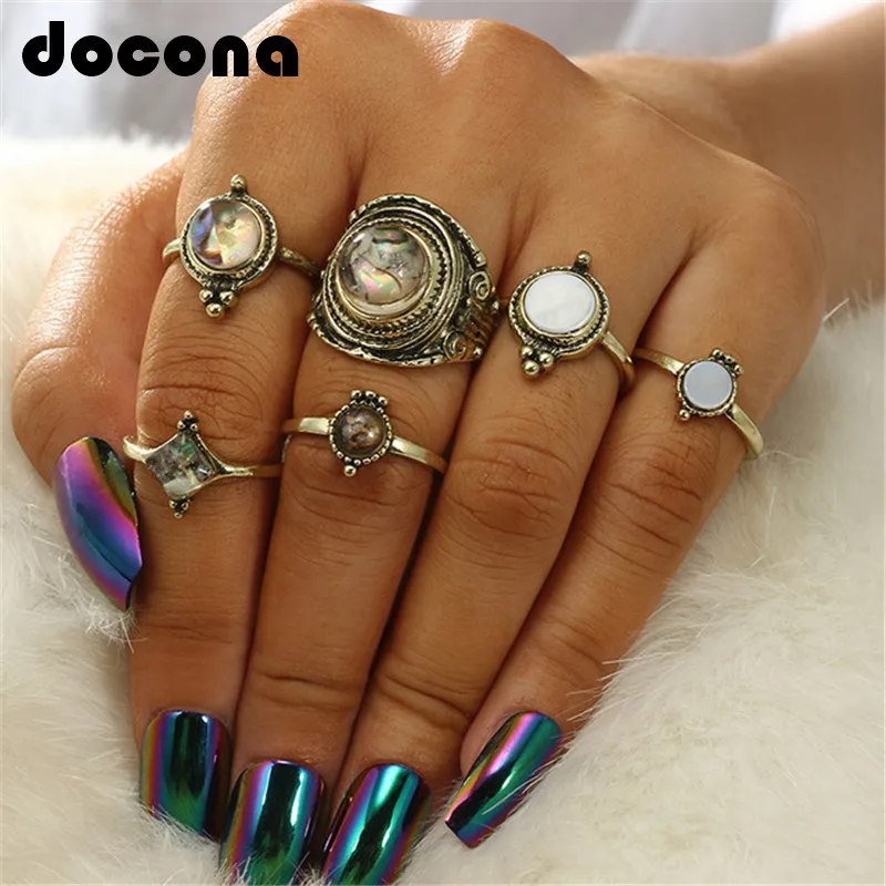 

docona Antique Large Rhinestone Rings Set for Women Gold Carved Stone Knuckle Midi Ring Boho Jewelry Anillos 6pcs/1set 2030
