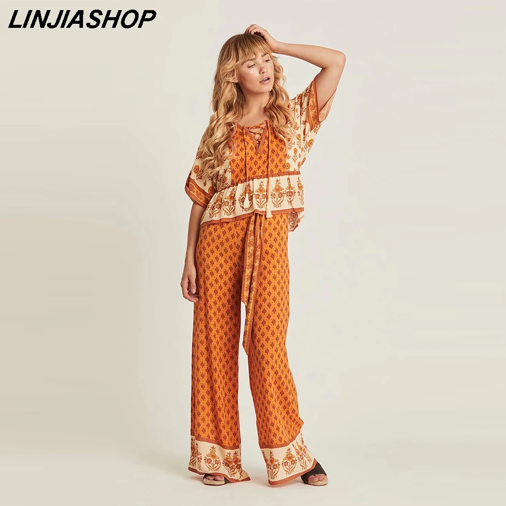 

Prairie chic orange summer two piece set women rayon pullover sashes print sunflower wide-leg long pants designer women's sets