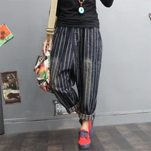 Винтажные летние женские джинсы в полоску штаны-шаровары больших размеров свободные брюки для женщин джинсовые брюки-Капри Брюки Крест-брюки