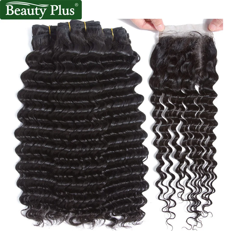 

Deep Wave Bundles With Closure Peruvian Remy Human Hair Weave Extensions 3 Bundles and Closure with Baby Hair Natural Black BP