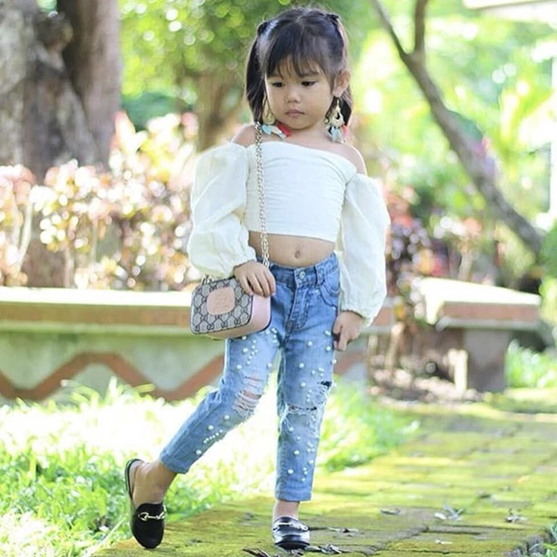 Off Shoulder Crop Top And Elastic Waist Pants Clothing Set For Toddler Girls New