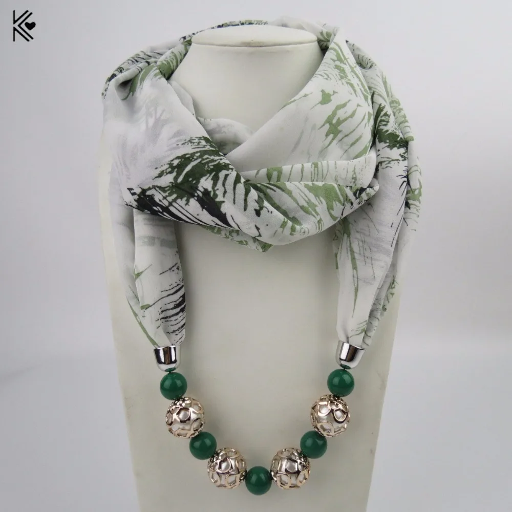 

Printing Flower Pattern Chiffon Beads Scarf Necklace For Women Maxi Statement Pendant bead embroidery necklace design Jewelry
