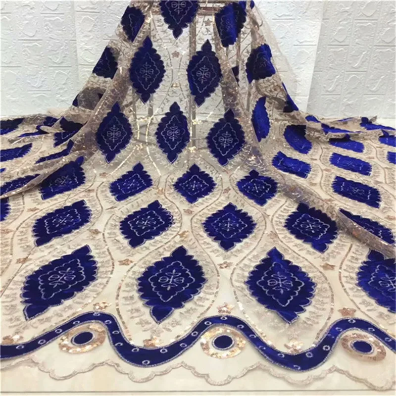 

2019 Latest Royal blue French net Laces with velvet fabric Fabrics High Quality Tulle African Laces Fabric Nigerian Wedding