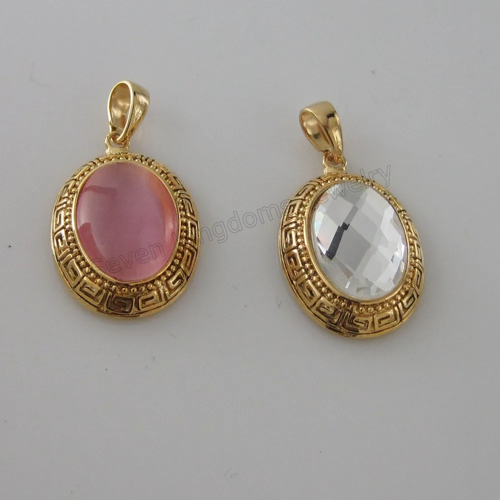 

Min order 10$ 2 STONE COLOR AVAILABLE - GOLD GP 18.5" NECKLACE & G PATTERN CARVED WHITE PINK SIMULATED STONE PENDANT