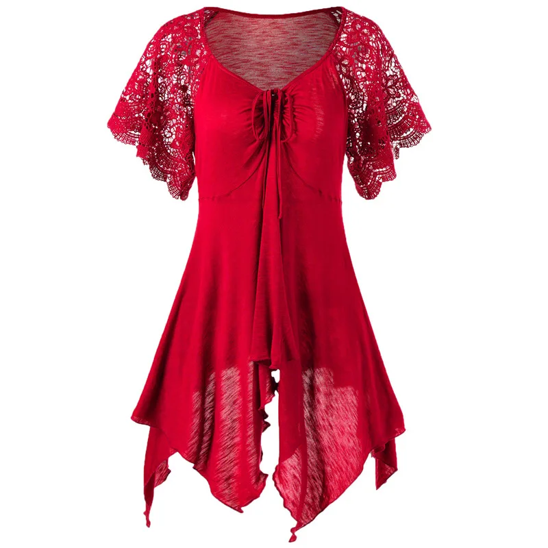 

GTGYFF asymmetrical short sleeve pullover tops t-shirts with lace for women red black blue purple women's t shirt t-shirt S-5XL