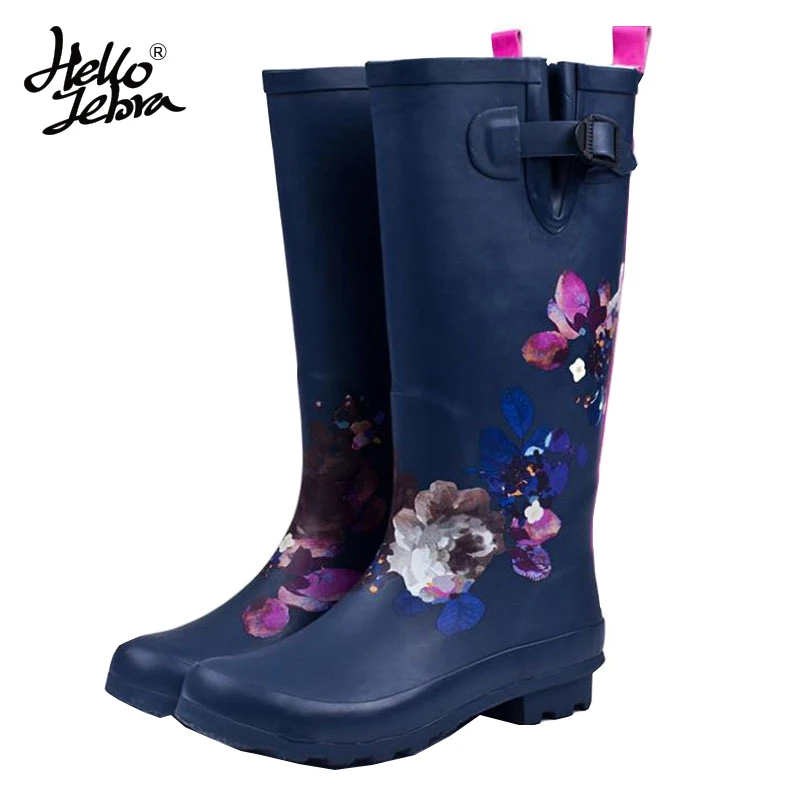 

Hellozebra Women Tall Rain Boots Ladies Printing Leather Rubber Platform Boots Low Heels Waterproof Knee-High Buckle High Floral