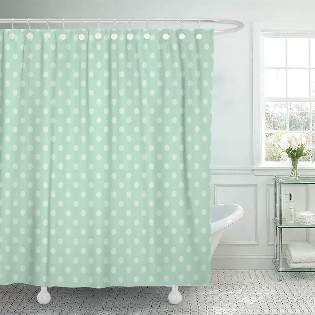Fabric Shower Curtain With Hooks Blue Polka Mint Green Pattern